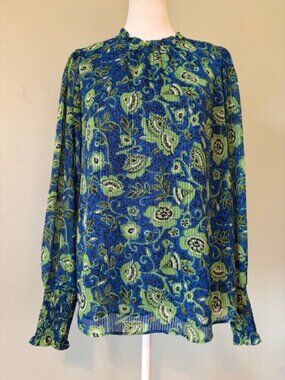Maison d'Amelie Blue/Green Floral Print Pleated Ruffled Neck Blouse Size XS
